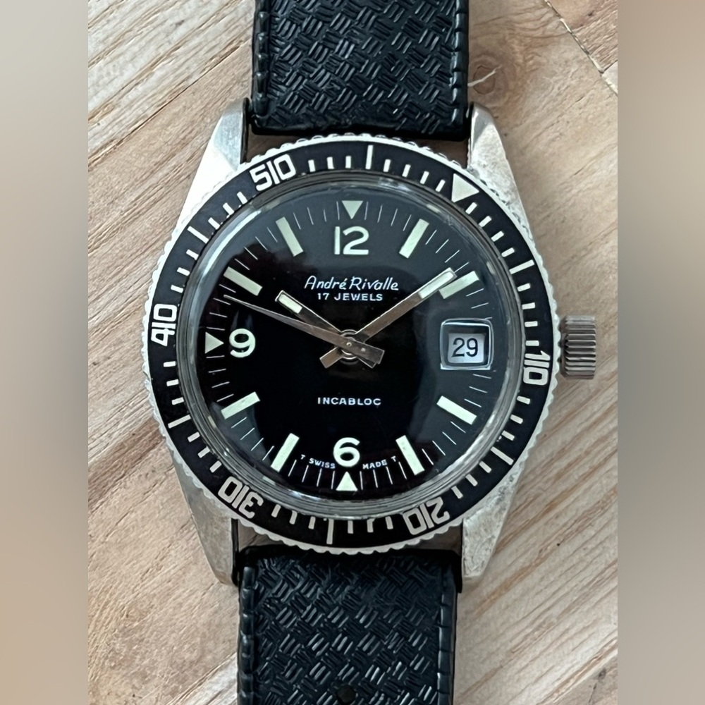 Andre Rivalle Rare Vintage Incabloc Men’s Watch Mechanical Winding Black Dial